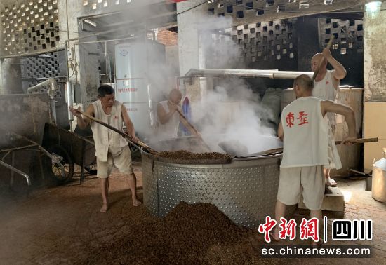 工人们正在翻炒酿酒用的粮食。绵竹市融媒体中心供图
