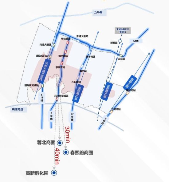 廖家湾片区“1高4快6轨多干道”综合交通体系示意图,图据《新都区成北消费活力区(廖家湾)示范片区情况汇报》,图中在建/规划轨道线路仅为示意,具体站名以民政部门公示为准。 廖家湾片区“1高4快6轨多干道”综合交通体系示意图,图据《新都区成北消费活力区(廖家湾)示范片区情况汇报》,图中在建/规划轨道线路仅为示意,具体站名以民政部门公示为准。