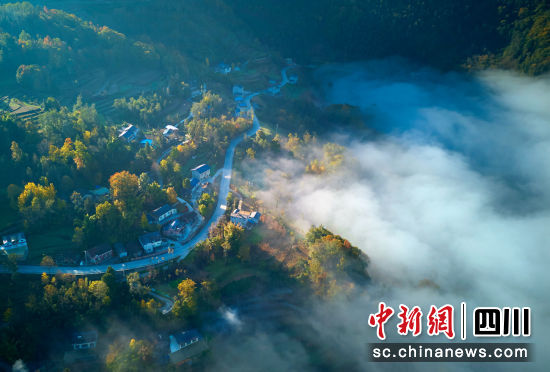 冬日的清晨,平武山村晨曦雾绕,云海升腾。 胡宇 摄 冬日的清晨,平武山村晨曦雾绕,云海升腾。 胡宇 摄