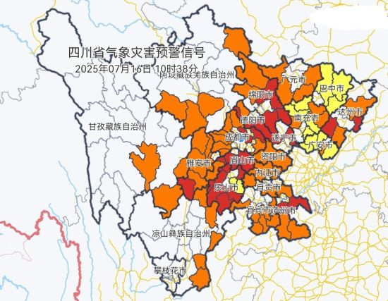 7月16日10时38分四川省高温预警信号分布图。 7月16日10时38分四川省高温预警信号分布图。