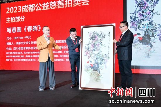 知名主持人刘仪伟主持公益慈善拍卖。(成都市慈善总会 供图) 知名主持人刘仪伟主持公益慈善拍卖。(成都市慈善总会 供图)