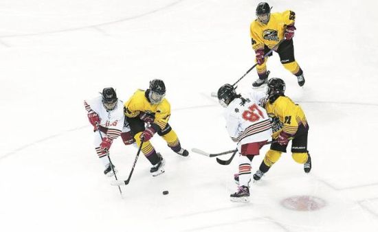 四川女子冰球队与黑龙江队在比赛中激烈争夺 四川女子冰球队与黑龙江队在比赛中激烈争夺