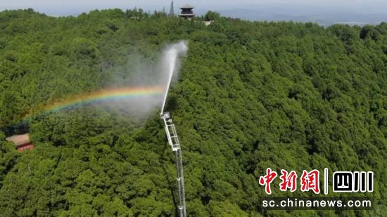 登高平台消防车在梓潼七曲山景区高空洒水对翠云廊古柏进行降温增湿。 梓潼县融媒体中心供图 登高平台消防车在梓潼七曲山景区高空洒水对翠云廊古柏进行降温增湿。 梓潼县融媒体中心供图
