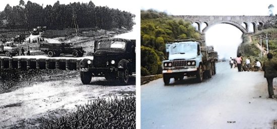 20世纪80年代,眉仁公路改造前(左图)后(右图)对比。眉山市党史和地方志编纂中心供图 20世纪80年代,眉仁公路改造前(左图)后(右图)对比。眉山市党史和地方志编纂中心供图